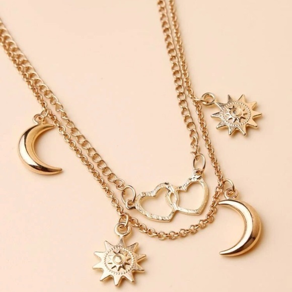 Sun Moon Heart Charm Layered Anklet Golden Chain - Picture 5 of 6